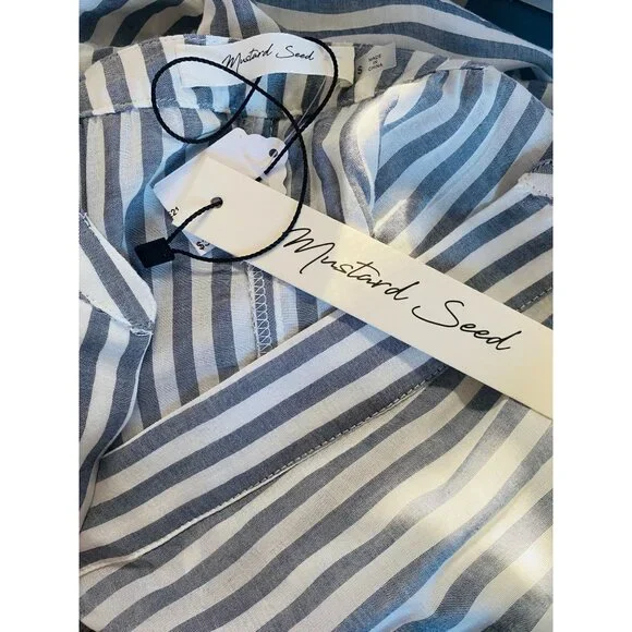 Mustard Seed Blue & White Striped Oversized Blouse With Ruched Sleeves small - Picture 10 of 11